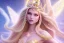 Placeholder: beautiful, very soft, big smiling, very straight and long blonde hair, dewy and shiny vibe, diamond crown, long fairy wings in the back, soft and young full head, golden veil clothes,big smiling , bachground light pink and blue