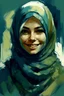 Placeholder: A painting of a smiling beautiful Urdu moslem woman with long dark blue and light green hijab, 22 years old, beautiful big , symmetrical eyes, blond hair, painterly style, detailed, 8k, by Ashley Wood. –ar 2:3 –stop 80 –uplight