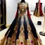 Placeholder: stunning extrem opulent haute couture gown designed by Marchesa inspired by fairies, realistic epic elegant fantasy color mix of black and gold and dark red,decorated with precious stones, detailed, high quality, intricate, fantasyland background,