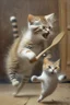 Placeholder: mother cat wearing an aprin using a wooden spoon to chase a baby cat