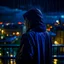 Placeholder: girl in a raincoat, viewed from behind, watching the empty city, at midnight, very dark colours, rainy, atmospheric, photo quality