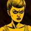 Placeholder: vintage sketch of angry, tanned skin, short haired woman at night