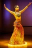 Placeholder: golden artistic statue of a qazaq dancer in folk dance pose in modern art museum dynamic colorful lights