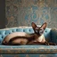 Placeholder: an Oriental shorthair chocolate point Siamese cat with blue eyes lies on an old couch with his head on the armrest staring into space. A beautiful baroque wall in the background, hyperrealistic, a product photo.