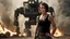 Placeholder: ducking beautiful slender caucasian female technician with a knife, looking away from camera, black tank top, well toned muscles, weathered face, scratched sand camo metal details, short brunette wavy bob haircut, dystopian, postapocalyptic city scene with smoke and explosions. giant robot in the background