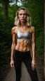 Placeholder: photography of a beautiful anorexic woman, silver satin sports bra, sports illustrated, blond short wavy bob haircut, pronounced sternum, black running leggins