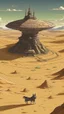 Placeholder: a big ufo hovering above and wolfs in the forgotten desert in medieval times, in anime style