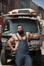 Placeholder: close up photography of an ugly 36 year old chubby robust burly turkish plumber, wearing his work unbuttoned bulging overalls, bulge, shirtless, leaning with his back to his van, arms folded and emotive look, ajar mouth, hairy chest, , very virile, short black beard, shaved hair, sweat, , in a sunny street, photorealistic , frontal view from the ground