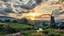 Placeholder: an open air big Handicraft exhibition some young ladies selling handicraft in the exhibition of a village over high grassy hills,a small fall and river and wild flowers at river sides, trees houses ,next to Ripe wheat ready for harvest farm,windmill ,,a few village local shops ,cloudy sun set sky,a few village local shops