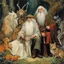 Placeholder: [art by Norman Rockwell: three Middle-earth Istaris are Jonathan Pryce, Sylvester McCoy and Jean Rochefort] Radagast, with his unkempt hair and a menagerie of animals, shared a hearty chuckle with Saruman, the wise and cunning Istari. And there, in the midst of it all, stood Gandalf, a twinkle in his eyes as he joined in the mirth.Their laughter echoed through the night, a rare moment of camaraderie amidst the chaos of their journeys.