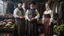 Placeholder: Realistic oil painting of a butcher, milliner and nutritionist standing side by side in a market setting, intricate details on their clothing and tools, realistic lighting and shadows, inspired by the works of Jan van Eyck and Rembrandt.