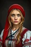 Placeholder: portrait a dark blonde young married woman in authentic Hungarian sárköz folk costume and short red woman headscarf , look at the camera, high realistic, high qulity, detailed, sad, beauty, perfect photo