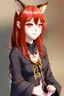 Placeholder: An anime young adult female withe red hair and gold eyes, fox ears