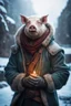 Placeholder: close up portrait of psionic bruce willis pig man ancient half elf half orc shaman thief in inviting pose on ice stone bridge wearing winter jacket, book cover