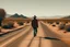 Placeholder: man in the desert places, warm colors, on holiday, near a road