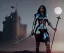 Placeholder: Rita ora, knight armor, long curly black hair, choker, holding sword, hands, castle, moonlight