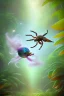 Placeholder: spider fight with exotic pigeon, jungle setting, soft pastel colors, mystical, acrylic paint, mystical, dreamlike,