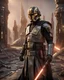 Placeholder: star wars bald male corellian pilot wearing pearlescent black and gunmetal grey First Order special forces heavy assault stealth commando armor and helmet with gold trim inside the jedi temple, hyperdetailed, dynamic lighting, hyperdetailed background, 8k resolution, volumetric lighting, light skin, fully symmetric details