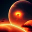 Placeholder: large planet with two fantasy continents::2, red atmosphere:1, satellite view, bright white stars::4, several moons around orbit, concept art, intriguing details, best quality, illustration.