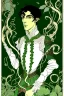 Placeholder: young half-Elf nobleman with green thumbs and 2 vine-like tentacles with black hair and green eyes and green thumbs with claws in the style of Aubrey Beardsley