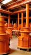 Placeholder: An orange factory with hammer machines painted by Frank Lloyd Wright