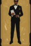 Placeholder: Dashing black man in a suit with gold trimmings. He's holding a deck of cards.