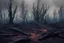 Placeholder: floresta com arvores destruídas e cheias de carvão, floresta destruída em cinzas, cores frias, representação game of trones