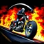 Placeholder: occultic Grim Reaper with scythe on a harley chopper with high handlebars speeding down a surreal burning highway, dark velvet poster, dramatic, horror poster, sinister, dark neon colors, fantastical, by Ed Big Daddy Roth