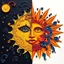 Placeholder: create a richly detailed paper quilling fantasy artwork of A vibrant and detailed split-face illustration of the sun and moon, symbolizing day and night. The left side features a dark, starry sky with swirling patterns and a moon-like face surrounded by celestial motifs. The right side showcases a bright, warm palette with a sun-like face adorned with floral elements, spirals, and radiant sunbursts. The style is mystical, ornate, and highly decorative, with rich textures and bold contrasts.