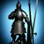 Placeholder: large black stone statue of a knight in a dark dungeon, holding a sword that's pointing up and glowing blue