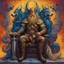 Placeholder: viking holger danske, transulent swirling beard and hair, his sword is golden, siting on his throne with wolfes on each side, alkohol ink, background swirley colorful with painted dragon on the wall, background colorful