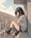 Placeholder: “ girl sitting on a roof looking down at a city below, extremely detailed