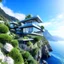 Placeholder: Dream house with modern architecture design, built on a rocky terrain overlooking the ocean and mountains, with multiple levels, with large windows and doors that offer panoramic views. The architecture features acute angles and a rooftop terrace. The rocky terrain has plants and a gravel path leading to the house. The background is a clear sky, blue ocean waves and mountains with greenery