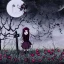 Placeholder: Creepy doll standing in a graveyard with dead roses around on a dark cloudy night animated style