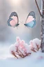 Placeholder: Light pink and light blue butterflies in the snowy winter