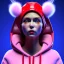 Placeholder: Russian woman, rounded face, bubble gum, purpurin made up, red, blue, pink, hoodie, feathers, latex, leather, soft color, highly detailed, art stations, concept art, smooth, unreal engine 5, god rays, ray tracing, RTX, lumen lighting, ultra detail, volumetric lighting, 3d, finely drawn, high definition, high resolution, neon background.