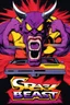 Placeholder: mad crazy wild super head big title with movie poster title: Austin super beast, 90s style, angry fast, extreme, wild, so so so so angry, tough sexy red and purple background with 90s comic style slashes