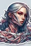 Placeholder: a sticker with a drawing of a woman's face, cyberpunk art inspired by Marco Mazzoni, Artstation, fantasy art, fantasy sticker illustration, intricate digital artwork, cyborg - girl with silver hair