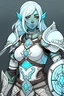 Placeholder: cleric woman with light blue hair, light blue skin, breastplate armor and big shield