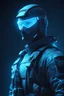 Placeholder: soldier with a mask , heroic stand, futuristic look, gentle blue neon touch