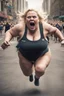 Placeholder: an obese terrified blonde woman in a crossfit outfit desperately running away from an angry mob of thousands of people chasing her down a city street while she is flailing her arms for dear life