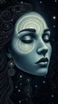 Placeholder: A celestial woman face void glowing with inner light from the depths of profound darkness. Her face skin doodle geometrical kusama and form are fragmented and transformed into a mesmerizing array of spiral formations: * Perfect **Fibonacci spirals** crafted from strands of pearlescent light form her nose bridge and eyebrows. * Tight **Archimedean spirals** unravel into the flowing rivers of her hair. * **Double Helix spirals** appear as her earrings and the patterns on her neck, symbolizi