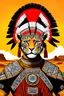 Placeholder: Striking portrait of Nantli warrior as anthropomorphic puma, adorned with intricately designed traditional armor and headdress. His face, painted with black and white patterns, radiates a fierce and determined expression. A red sun adorns his headdress, symbolizing strength and power. The background, a vast, golden desert landscape, with a sun setting behind some rocky outcrops. 8k