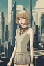 Placeholder: full body picture of a skinny woman with a bob, a fringe hairstyle, 1920s flapper clothing, futuristic city background