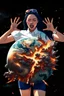 Placeholder: An image of a young woman with a surprised expression, holding her hands up as if she is reacting to a catastrophic event in front of her. She is wearing a white blouse with detail, blue shorts, and sunglasses pushed up onto her head. In front of her, there is a highly detailed planet resembling Earth, dramatically cracking and breaking apart with fiery explosions and molten lava visible at the fractures. Debris is flying outward from the planet. The background is a plain, solid color to emphasi