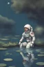 Placeholder: [scifi] A woman in spacesuit around a pond