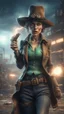 Placeholder: flashy magazine cover illustration, fallout 4 docks setting, horror weird cowboy wizard alien in female garments,spinning revolver, getting hit by lightening electric arc, with big disturbed eyes,bokeh like f/0.8, tilt-shift lens 8k, high detail, smooth render, down-light, unreal engine, prize winning