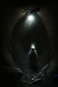 Placeholder: character in semi-darkness, on the scree cone of an underground room dimly lit by daylight coming from a well located forty meters above.