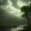 Placeholder: dark clouds, rain drops, green forest