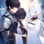 Placeholder: Girl with white hair wearing white robes and a blindfold. Boy with black hair wearing leather armor